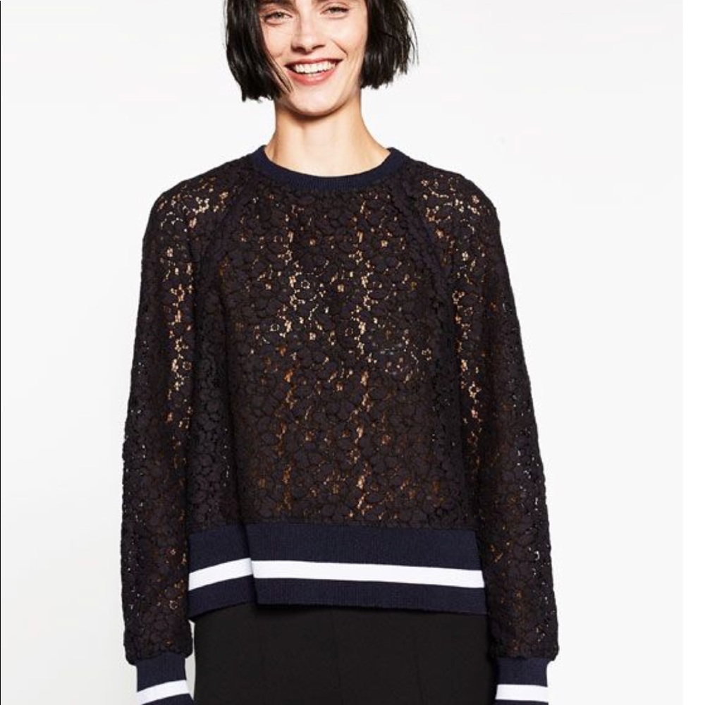 NWOT Zara Lace Sweatshirt with Blue/White Trim